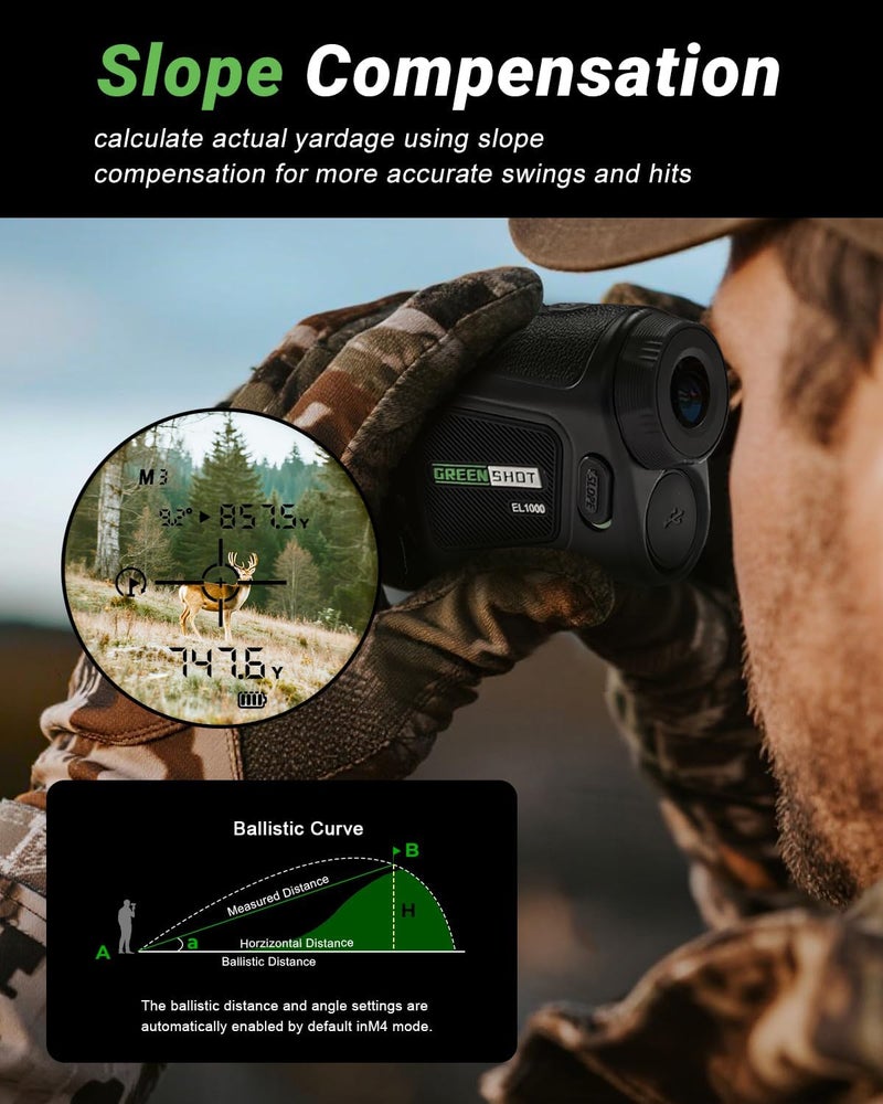 GREEN SHOT جهاز قياس المسافات للصيد - جهاز قياس المسافات للجولف حتى 1200 ياردة مع مفتاح الميل، قفل العلم، وضع السرعة، مقاوم للماء وقابل لإعادة الشحن، مثالي للرماية، الجولف، وصيد القوس - Image 3
